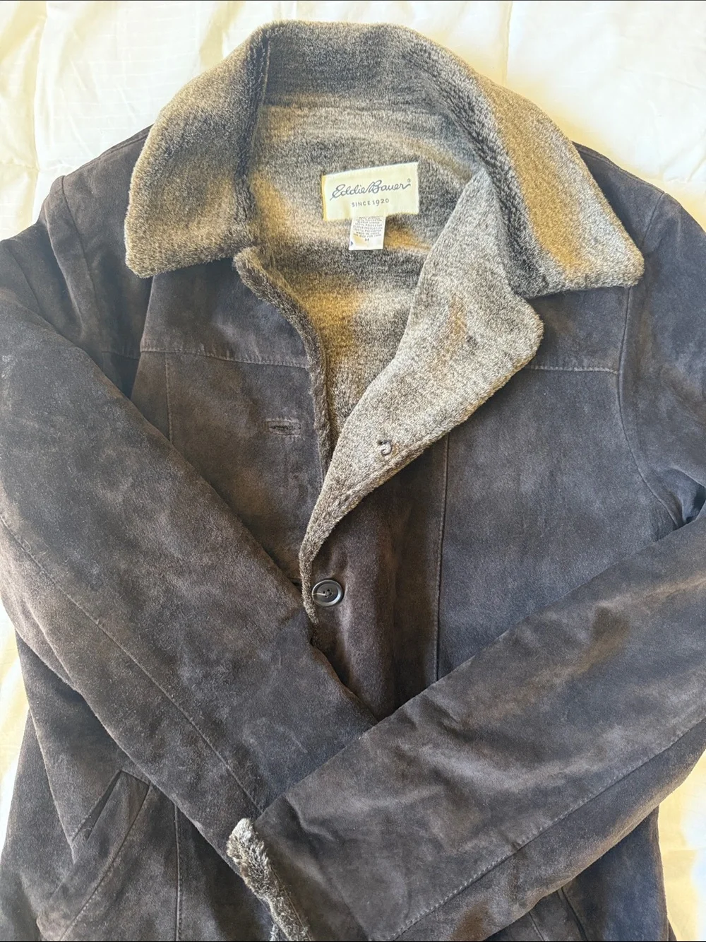 Eddie Bauer Brown Suede Pea Coat with Gray Sherpa Collar